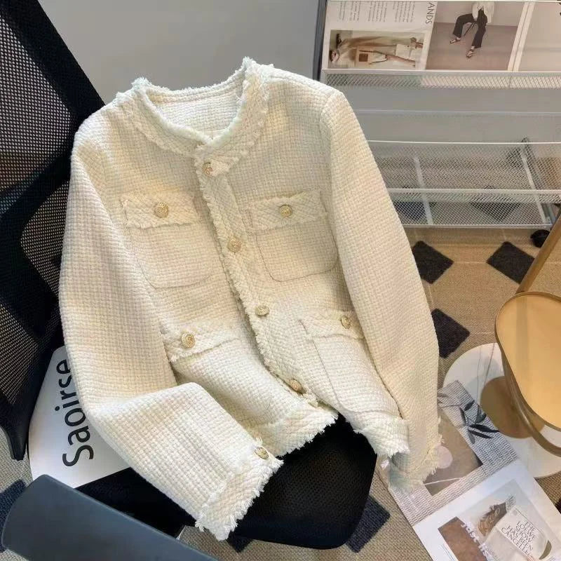 Fashion Tweed Jacket Women Winter Thick Warm Single Breasted O Neck Coats Korean Elegant Office Lady All Match Outwear Mujer New voguable