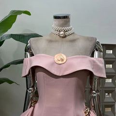 Fashion Pink Off Shoulder Dress Women's Slach Neck Side Metal Buckle A-line Mini Dresses Summer New 3A11001S voguable