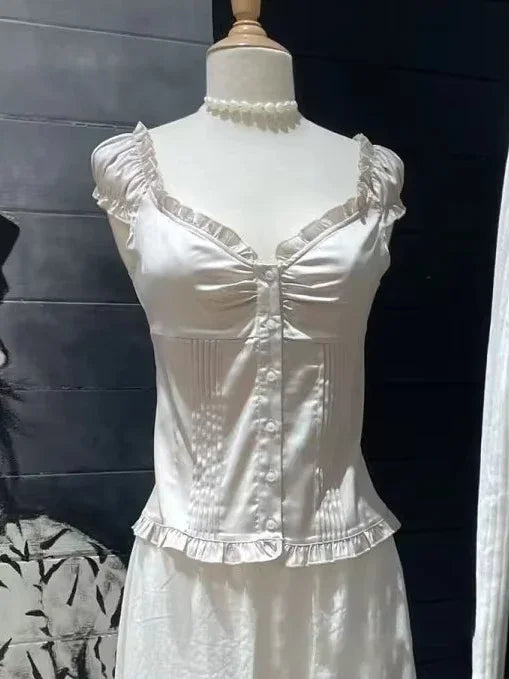 Voguable  Yellow Sweet Folds Blouse Casual Single Top Women Breasted Ruffle Sleeveless Tank Cute Casual Tops Vest Preppy Style Camis Y2K voguable