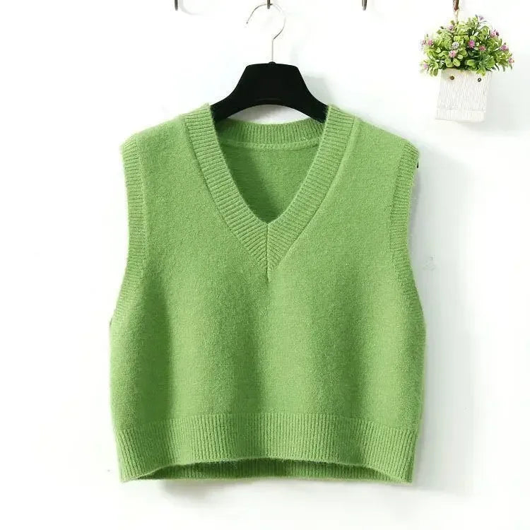 Women's Sweater Yellow Vest Short Knit Tops for Woman Green Crop V-neck Korean Style Winter Thermal Blouse Tall Long Sleeve Warm voguable