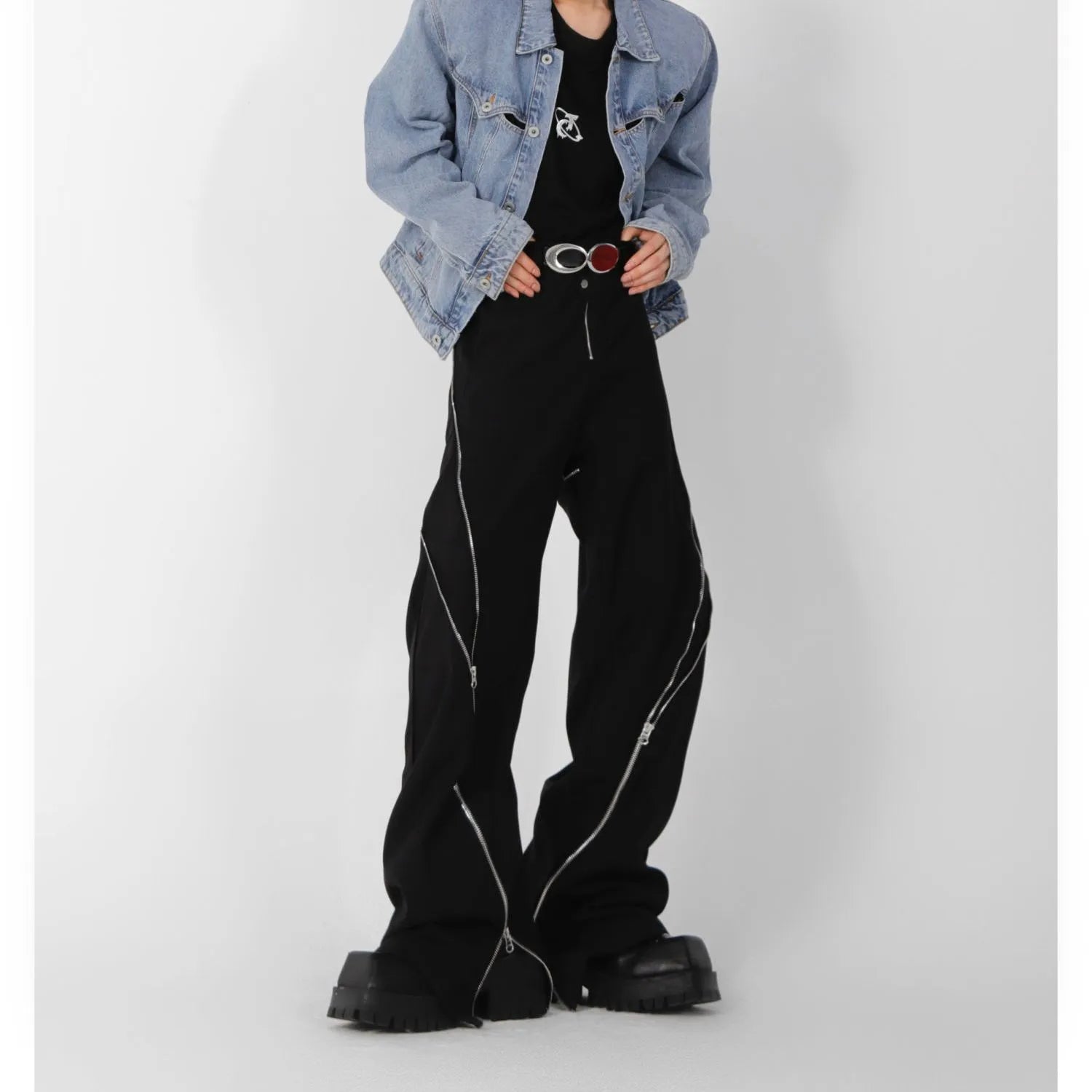 American trendy brand men black zipper design slit slightly flared pants vertical feeling straight casual pants retro trousers voguable