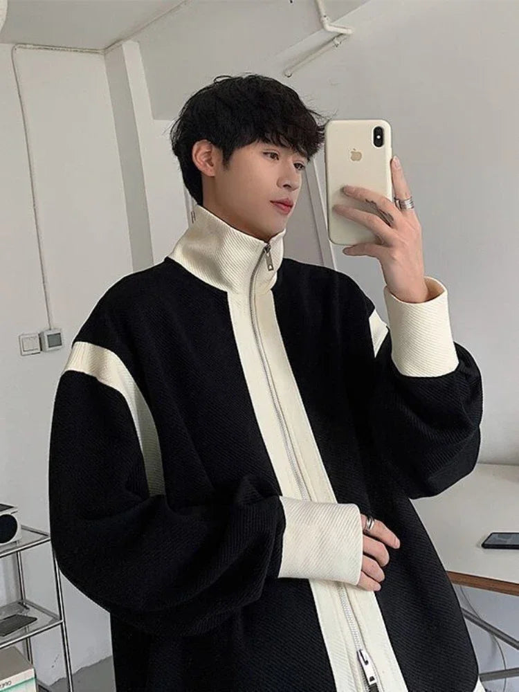 Voguable  Knitted Sweaters for Men Aesthetic Jacket Man Clothes Cardigan Coat Zip-up Zipper Collared Green Knitwears Cotton Mode Neck A S voguable