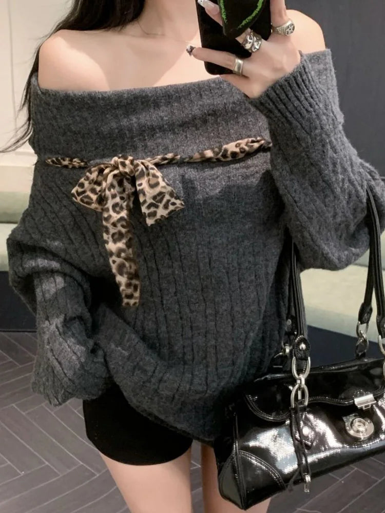 Sexy Off Shoulder Y2K Sweater Women Vintage Leopard Lace Up Knitted Jumper Casual Lazy Wind Long Sleeve Slash Neck Pullover voguable