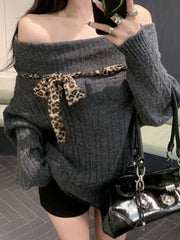 Sexy Off Shoulder Y2K Sweater Women Vintage Leopard Lace Up Knitted Jumper Casual Lazy Wind Long Sleeve Slash Neck Pullover voguable