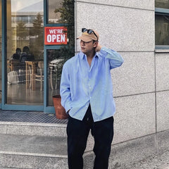 Voguable Men's Blue Vertical Striped Long-Sleeved Shirt, Korean Style High Quality Casual  Shirt Coat voguable