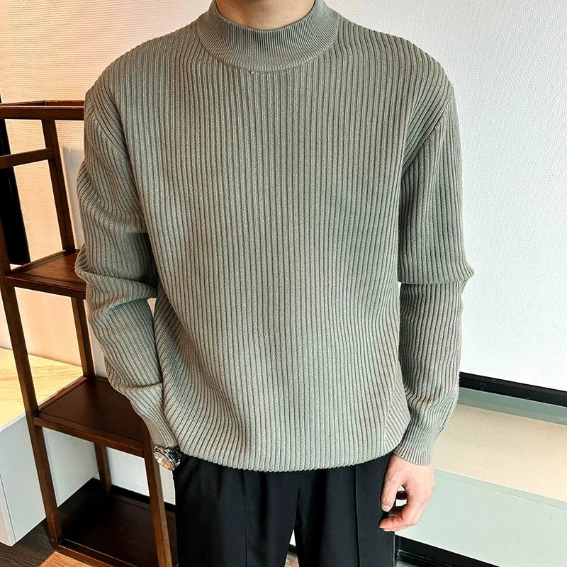 New Korean Retro Men Basic Sweaters Luxury Knit Solid Color Mock Neck Long Sleeve Pullover Casual Textured High Quality Knitwear voguable