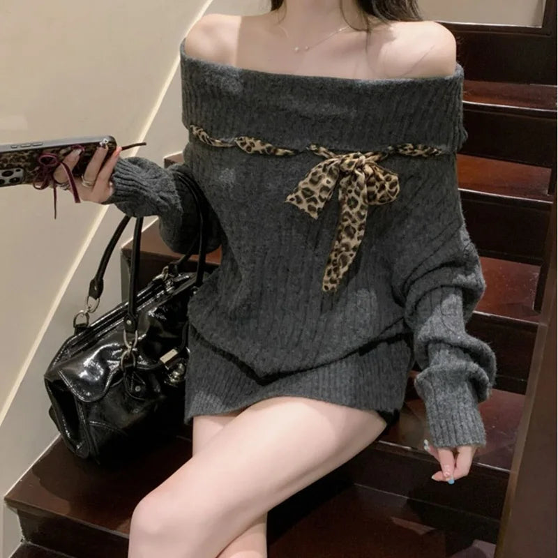 Sexy Off Shoulder Y2K Sweater Women Vintage Leopard Lace Up Knitted Jumper Casual Lazy Wind Long Sleeve Slash Neck Pullover voguable