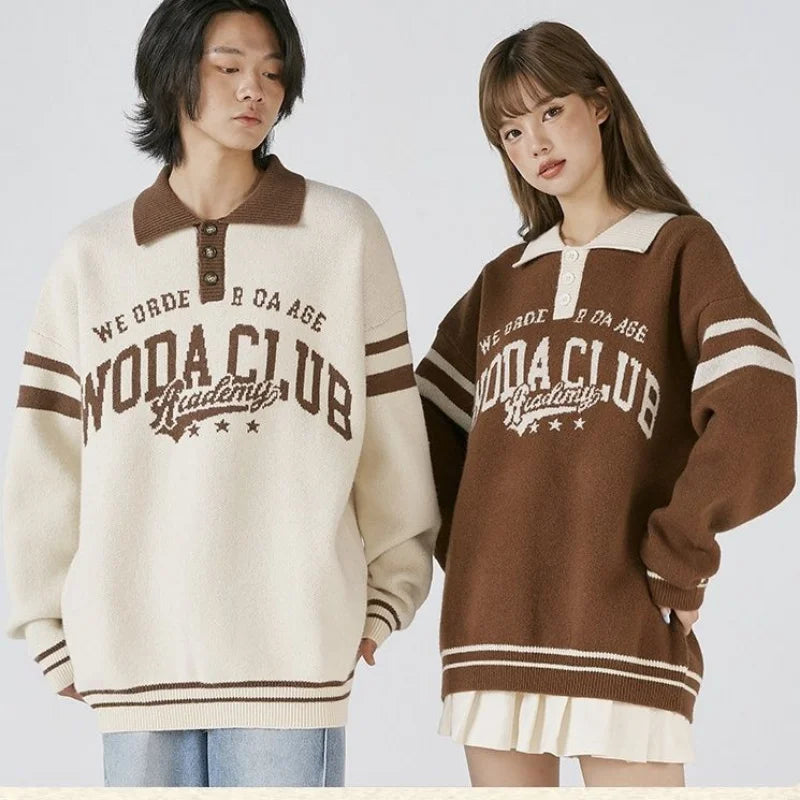 Voguable American Letter Embroidery Half Button POLO Shirts Oversized Sweater Brown Pullover Korean Preppy Girls Warm Winter Clothes voguable
