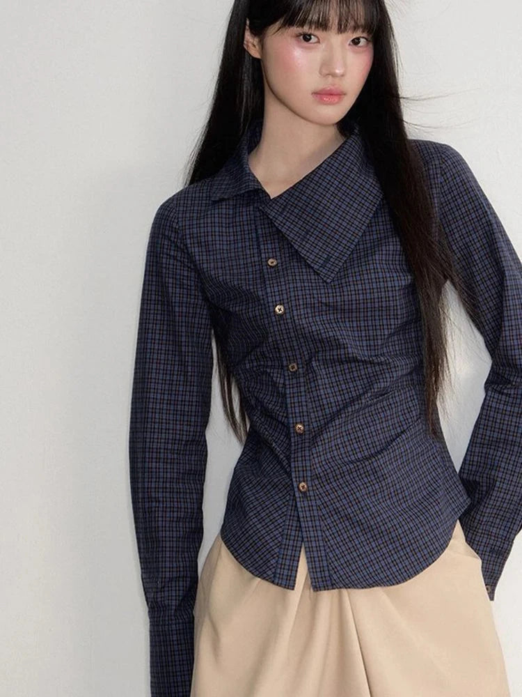 Vintage Slim Plaid Shirt Women Elegant Fall Long Sleeve Design Blouse Casual Preppy Style Female Retro Korean Sweet Tops voguable