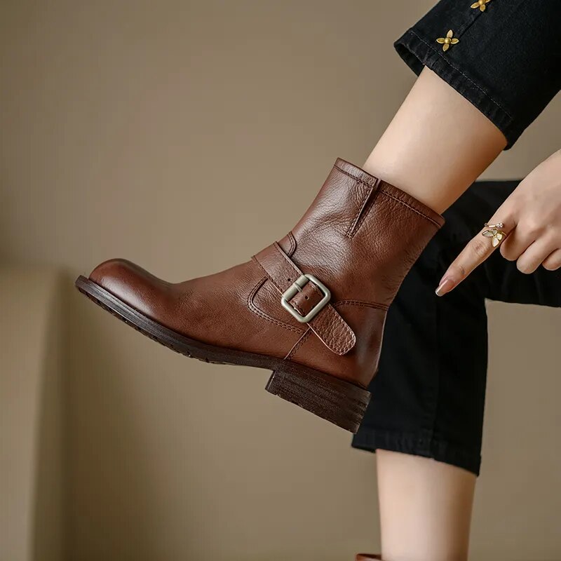 Women Boots Genuine Leather Ankle Boots Autumn Winter Round Toe Side Zipper Office Lady Working Shoes Woman Concise Basic voguable