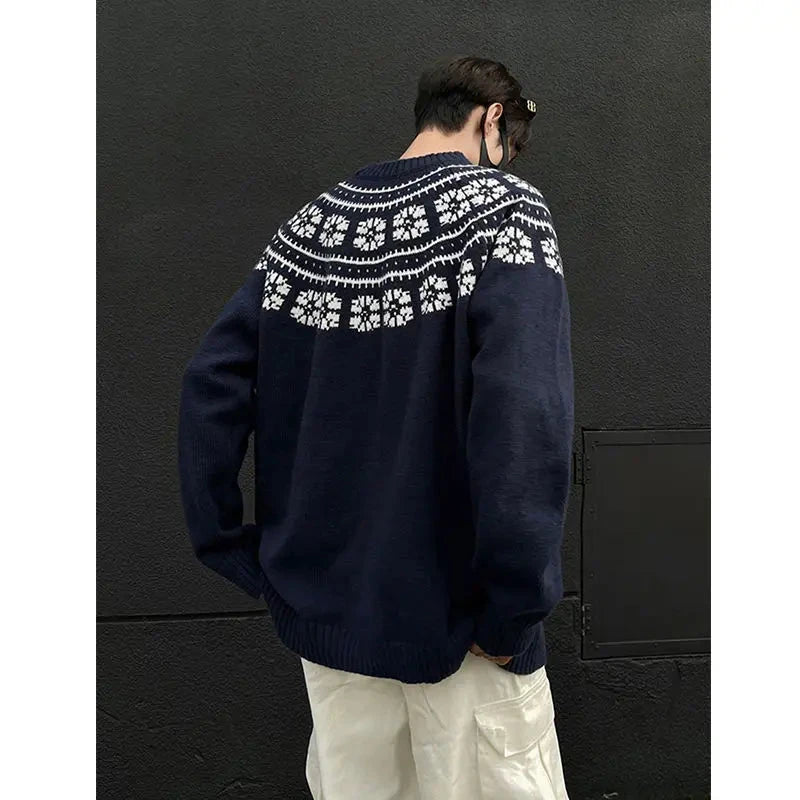 Vintage Navy Blue Sweater Jacquard O-Neck Knit Pullover New Autumn Winter Loose Couple Knitted Sweater Tops Aesthetic Streetwear voguable