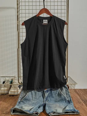 Voguable  Summer New American Retro Sleeveless O-neck Soild Color T-shirt Men's Fashion 100% Cotton Washed Old Casual Sports Vest Tops voguable