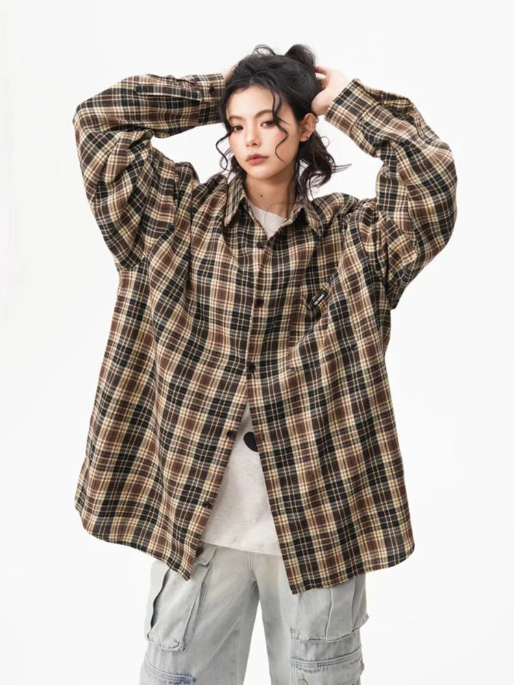 Bf Harajuku Plaid Shirts Women Loose Oversize Hip Hop Streetwear Blouse Long Sleeve Vintage American Fall New Female Tops voguable