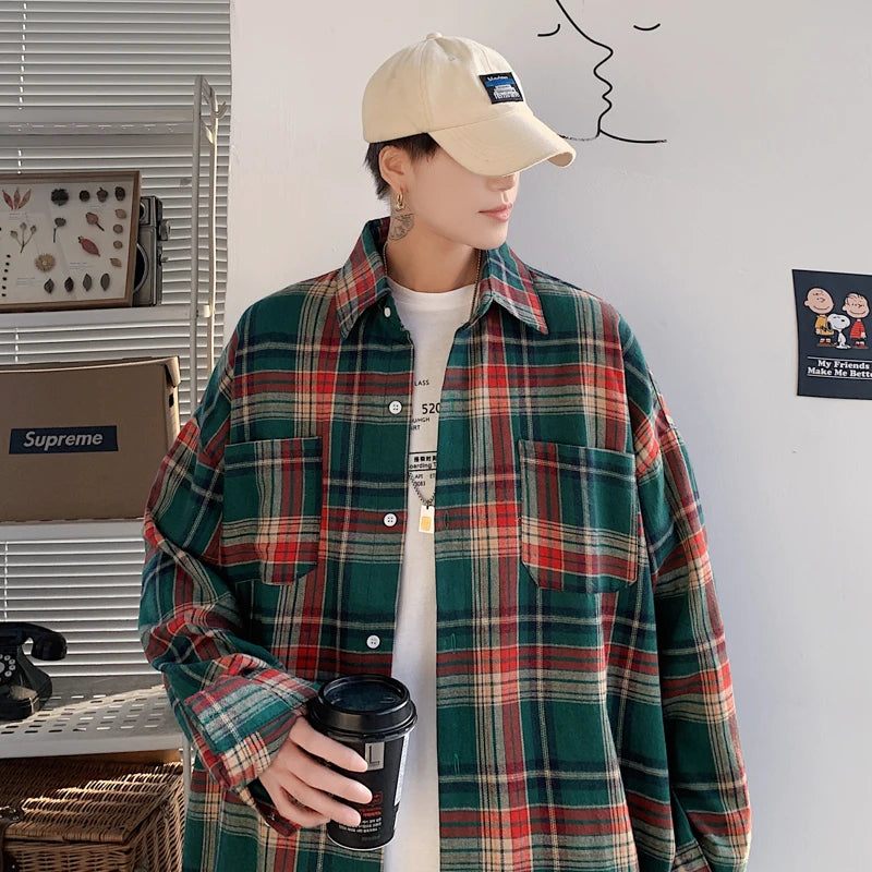 Voguable Harajuku Long Sleeve Plaid Shirts Men Big Size M-5XL Autumn Chic Loose Vintage High Street All-match Gentleman Camisa voguable