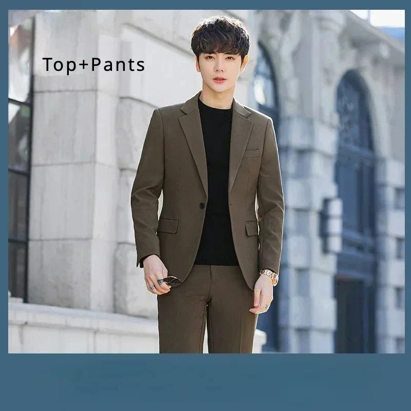 Voguable S-6XL Men's Business Casual Suit Korean Style Trendy Slim Fit 2 Piece Set Solid Color （Blazer+ Pants )Groom Wedding Dress Party voguable