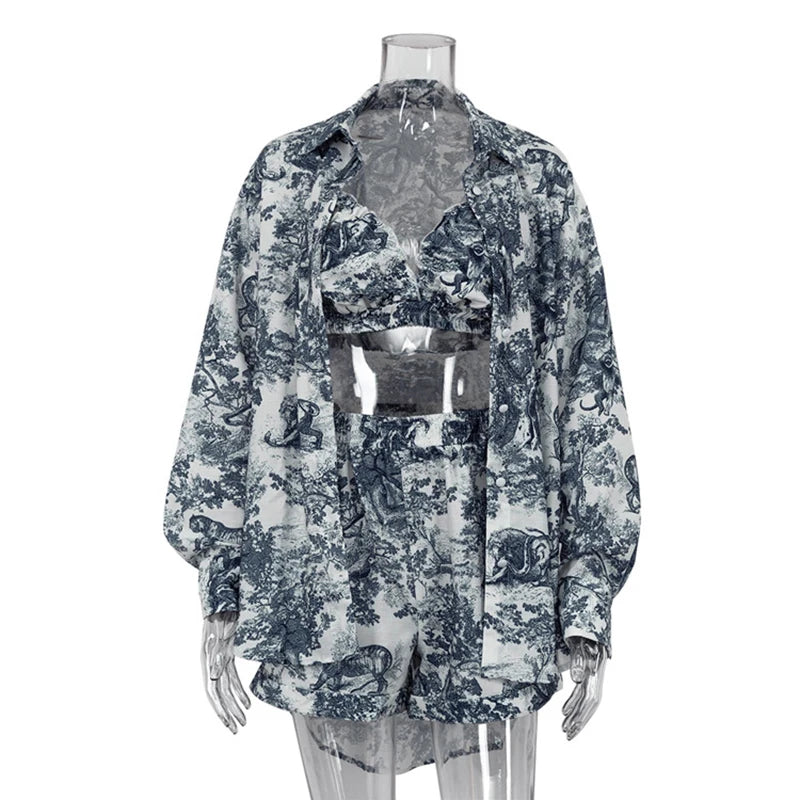 Voguable  Fashion Loose Print 3 Piece Shorts Sets Women Outfit 2024 Elegant Long Sleeve Shirt + Bra With High Waist Shorts Set Streetwear voguable