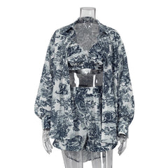 Voguable  Fashion Loose Print 3 Piece Shorts Sets Women Outfit 2024 Elegant Long Sleeve Shirt + Bra With High Waist Shorts Set Streetwear voguable