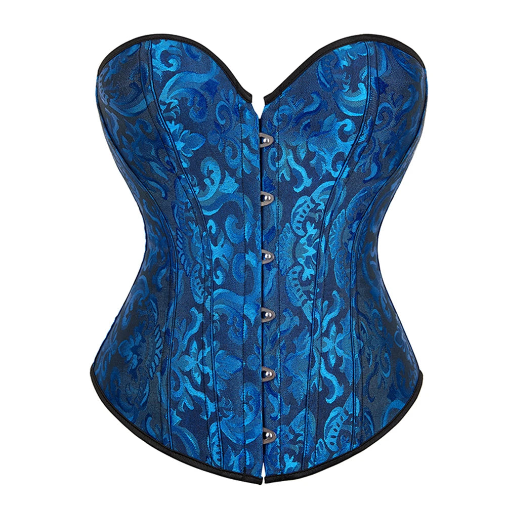 Voguable Overbust Corset Jacquard Floral Black White Pink Blue Korset Fish Boned Gothic Bustier Top Front Busk Clothing Gorset voguable