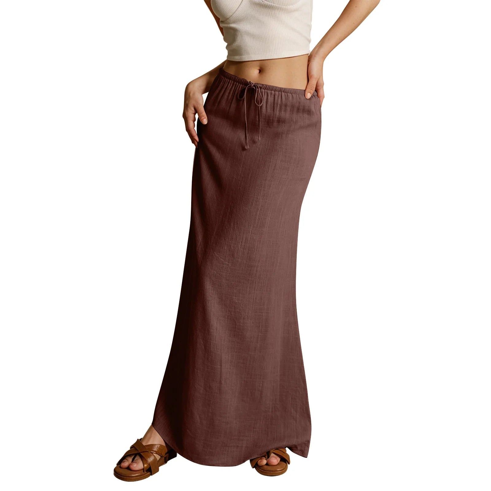 Voguable  Solid Color Straight Drawstring Elastic Waist Casual Ladies Skirt Summer Simple New Versatile Loose Long Skirt for Women voguable