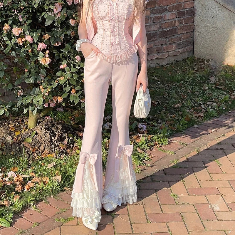 Voguable  Pink Sweet Lolita Style Pants Women Vintage Kawaii Bow Lace Ruffles Flared Pants Female Korean Elegant Casual Fairy Trousers voguable