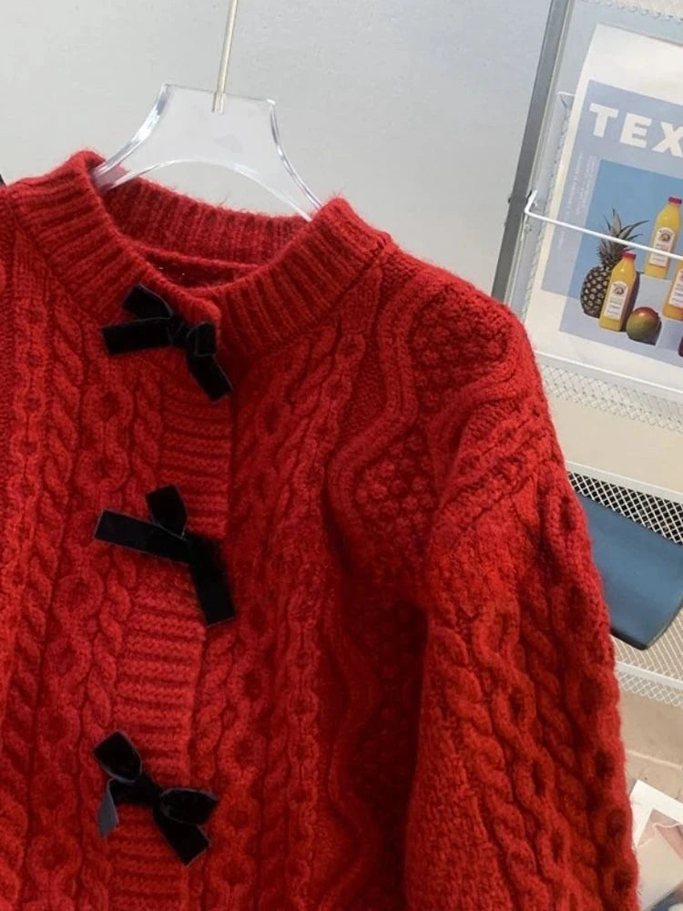 Preppy Style Bow Sweet Cardigan Women Cute Long Sleeve Solid Knitted Sweaters Casual Vintage O Neck Lady Fall Winter Top Outwear voguable