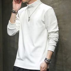 Autumn Winter New Fashion Half High Collar Long Sleeve Pullovers Men's Clothing Solid Color Casual Bottoming Shirt Korean Tops