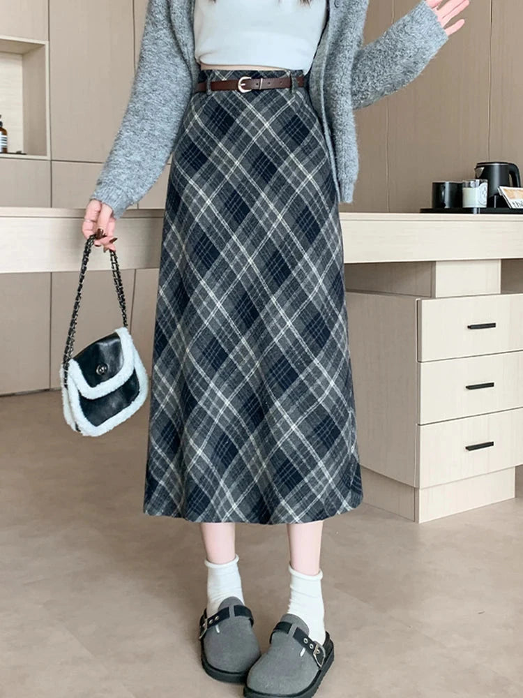 Faux Woolen Plaid Long Skirt Women Vintage Slim High Waist Back Slit Belt Skirts Korean Fall Winter Elegant Long Skirts New voguable