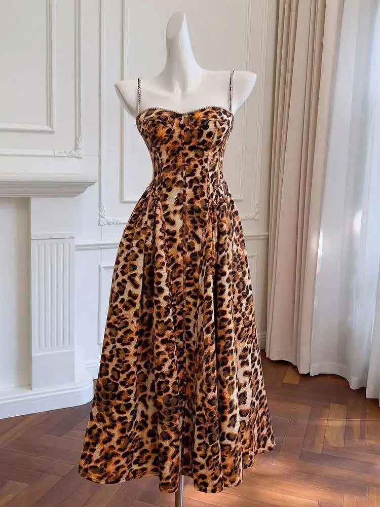 Leopard-print Design Women's Long Dresses Slash Collar High Waist Sleeveless Elegant Dress Female Autumn 2025 New voguable