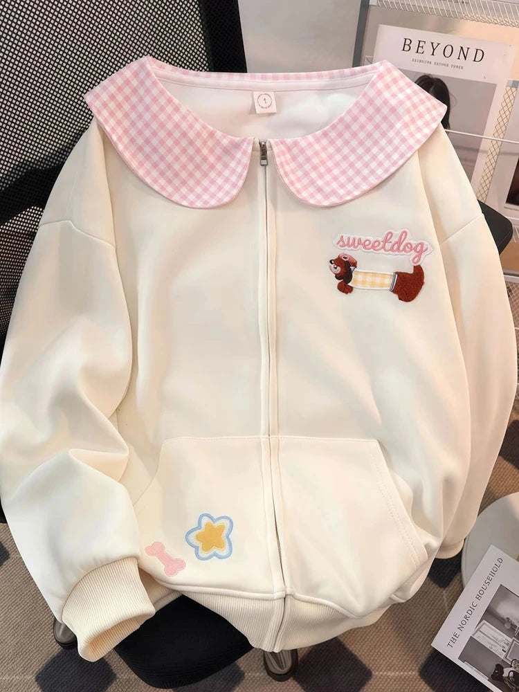 Cartoon Sweet Kawaii Hoodies Women Loose Cute Peter Pan Collar Sweatshirts Fall Preppy Style Long Sleeve New Embroidery Top voguable