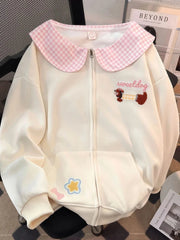 Cartoon Sweet Kawaii Hoodies Women Loose Cute Peter Pan Collar Sweatshirts Fall Preppy Style Long Sleeve New Embroidery Top voguable