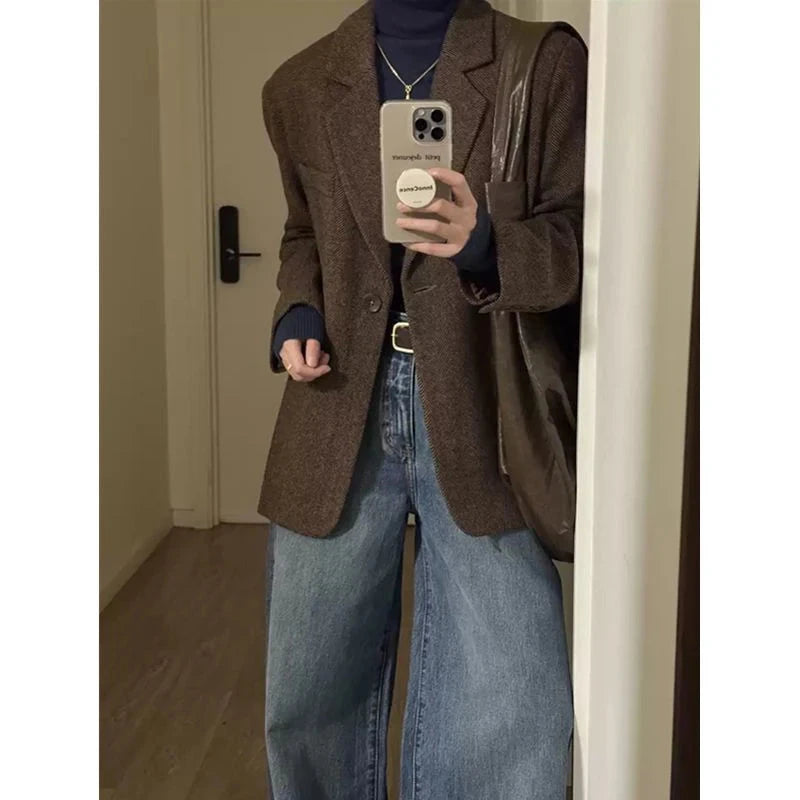 Retro Faux Woolen Blazer Coat Women Harajuku Long Sleeve Fall Winter Y2K Jacket Streetwear American Casual Lady Suit Coat voguable