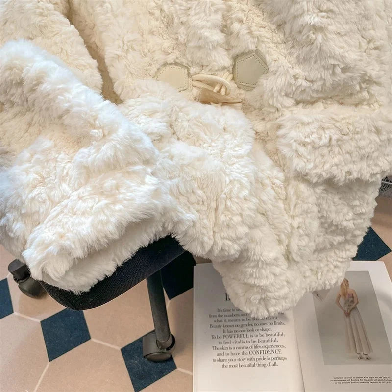 Warm Faux Lamb Cute Coat Women Sweet Long Sleeve Winter Thick Jacket Casual Pockets Japan Kawaii Loose Soft Vintage Tops voguable