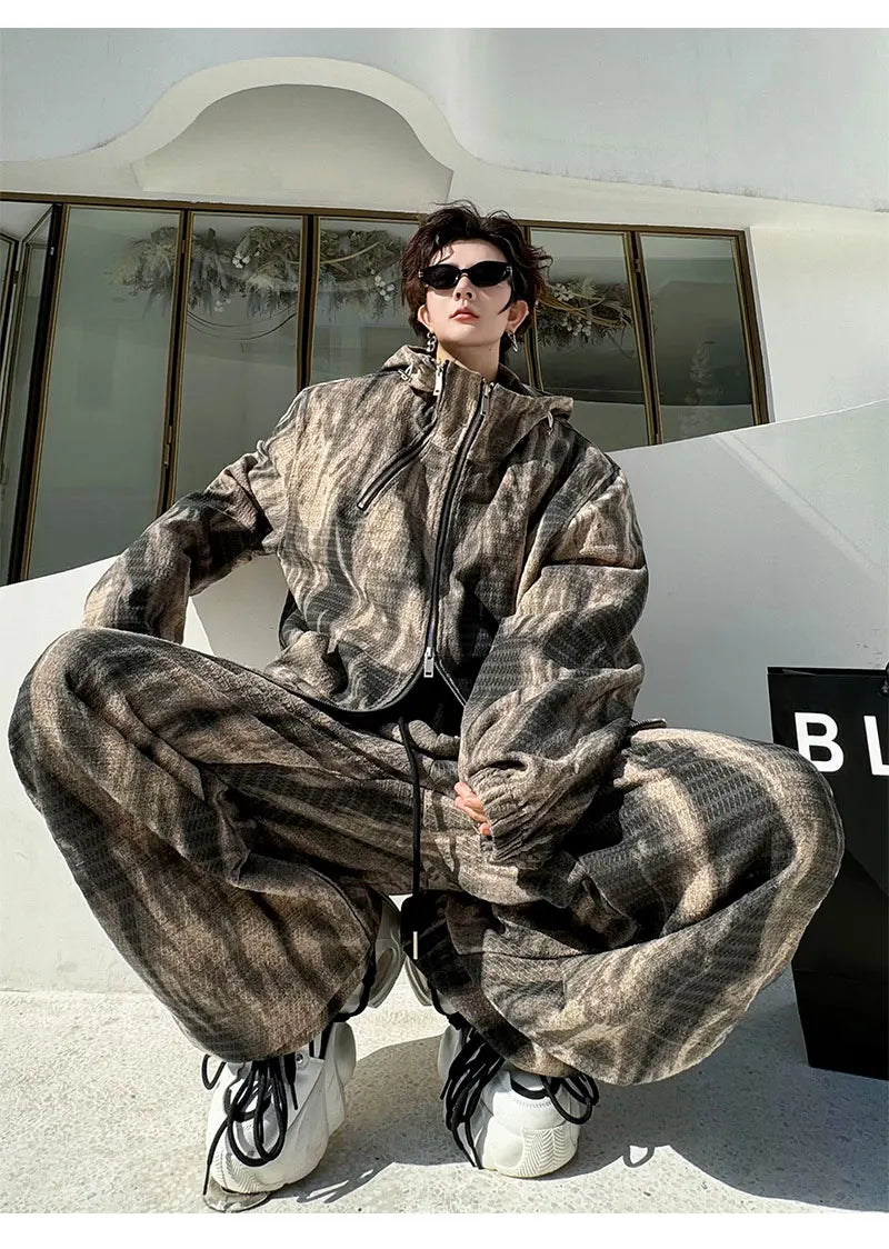 Voguable 2024 Spring Tie-dyed Design Fashion Loose High Street Hooded Jacket Loose Casual Pants Men's Trendy Two-piece Sets voguable