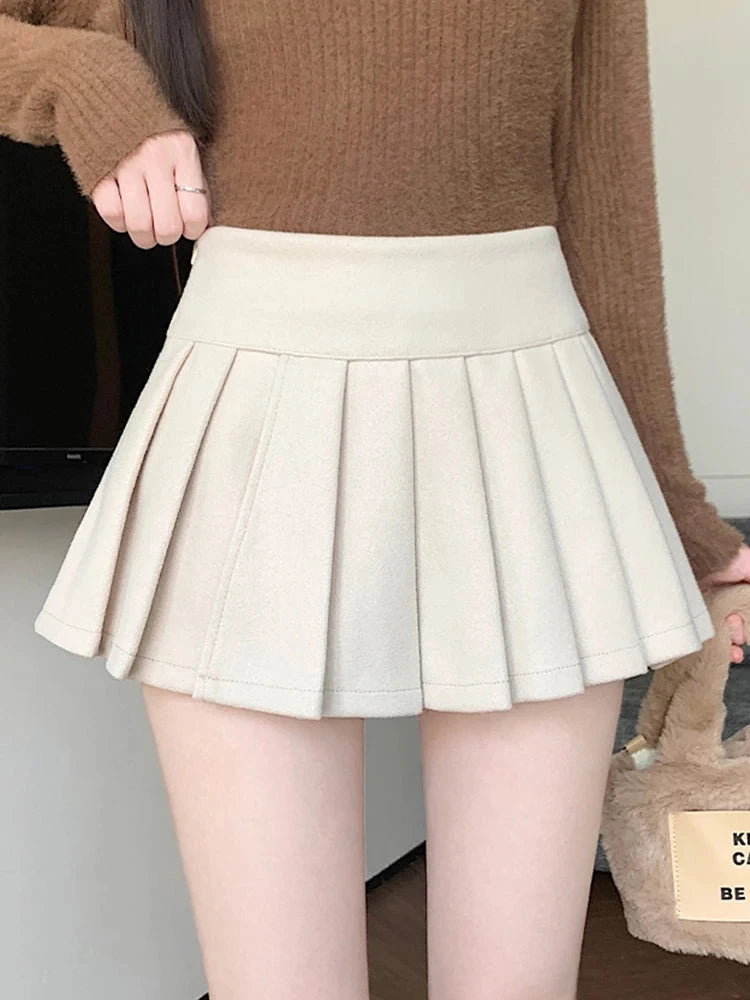Retro Faux Woolen Pleated Skirt Women Sweet Slim Sexy Mini A Line Skirts Preppy Style High Waist Fall Winter Korean Skirt voguable