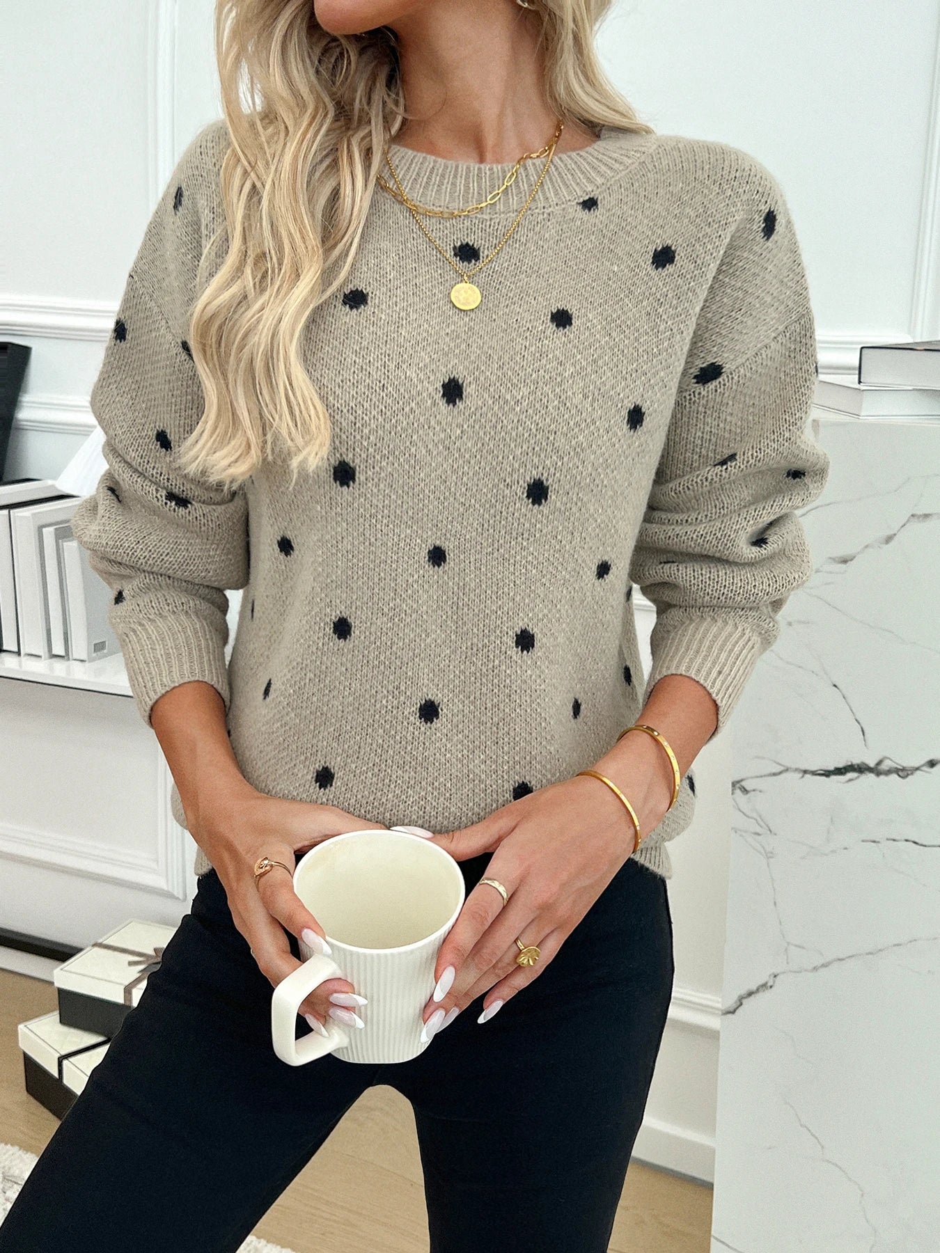 Dot pattern shoulder down long sleeved sweater voguable