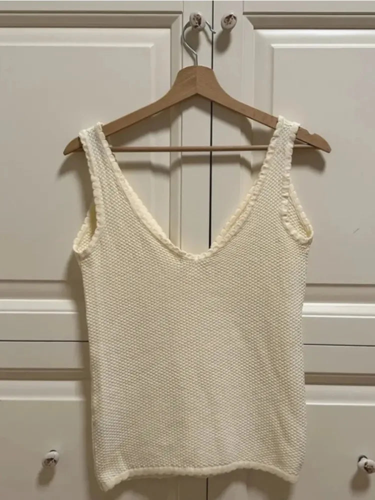 Retro Deep V Neck Crop Top Women Y2k Ruffle Vintage Tank Tops Womens Tie Up Bow Knitted Woman Backless Cute Tops 2024 New voguable