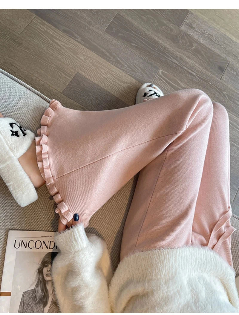 Ruffles Knitted Flare Pant Women High Waist Fashion Loose Fall Winter Trousers Korean Chic Elegant Lady Sweet Solid Pants voguable