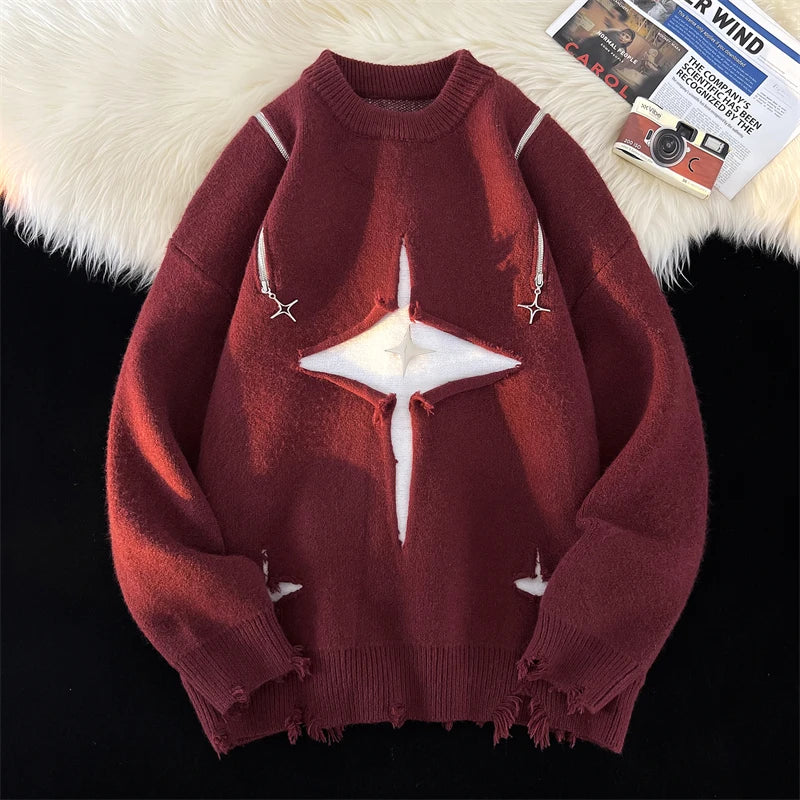 Men Sweater Streetwear New Retro Hole Fringed Loose Versatile Long Sleeve Pullover gotmes-shop