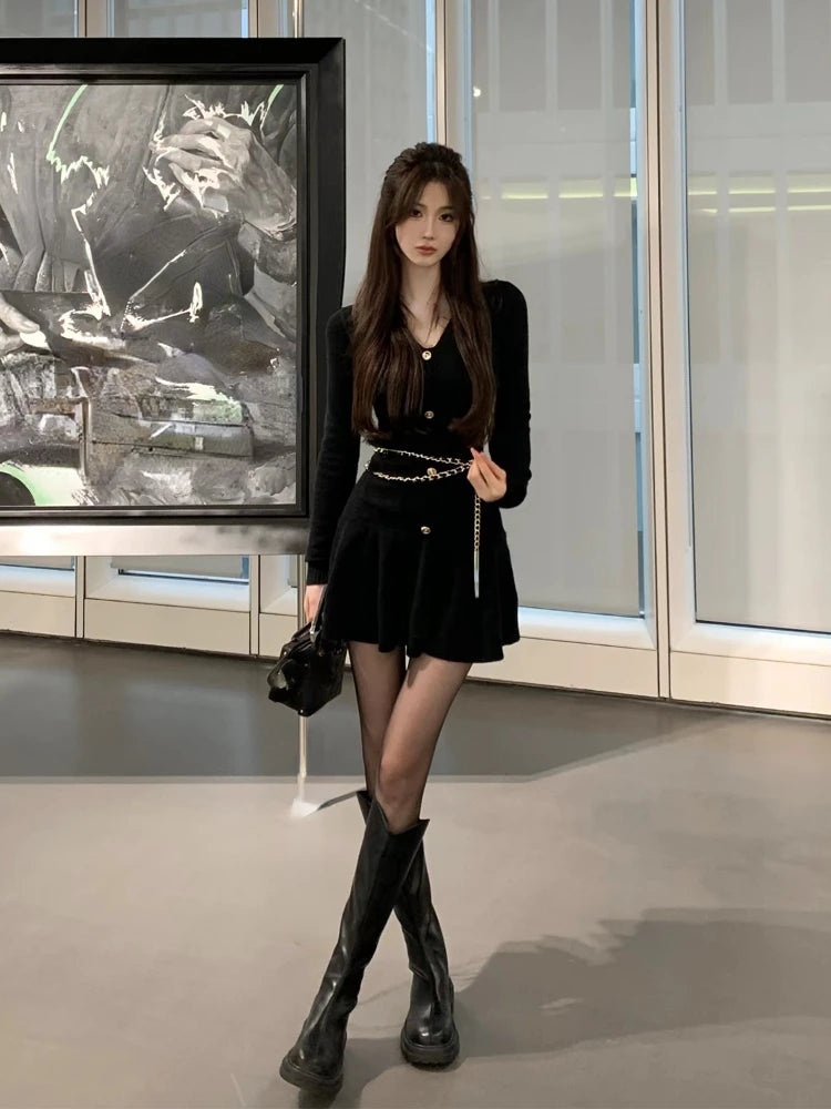 Voguable Casual Autumn White Knitted Sweater Mini Dress Women Black Elegant Lady Dresses Fashion Party Pure Color One Piece Dress voguable