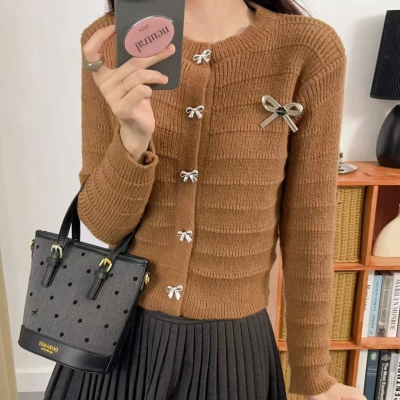 Ribbon Button Up Knit Cardigan Sweater for Women Long Sleeve Button Front Sweater Jacket Teen-girl Y2K Cute Outfit voguable