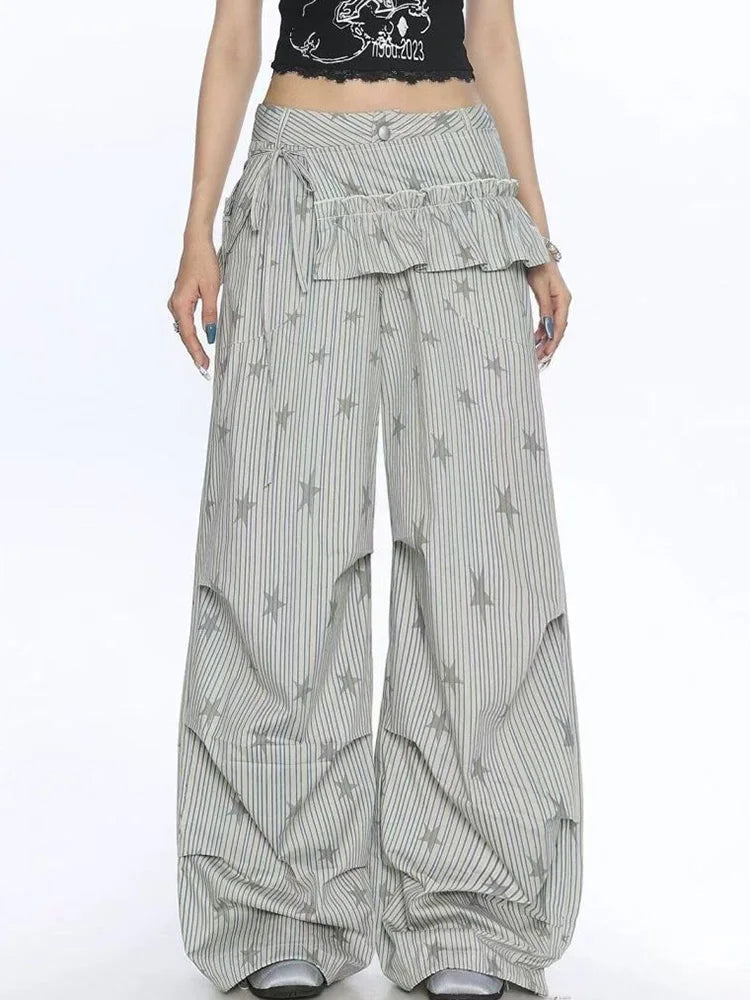 Stars Print Y2K Cargo Pant Women Vintage Streetwear Loose High Waist Design Trousers Hip Hop Retro American Casual Wide Leg Pant voguable
