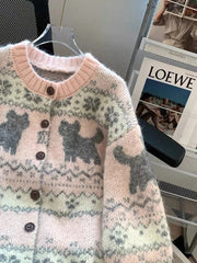 Sweet Pink Cartoon Cardigan Sweaters Women Vintage Lazy Wind Long Sleeve Cute Knitted Coat Casual Japan Kawaii Loose Tops voguable