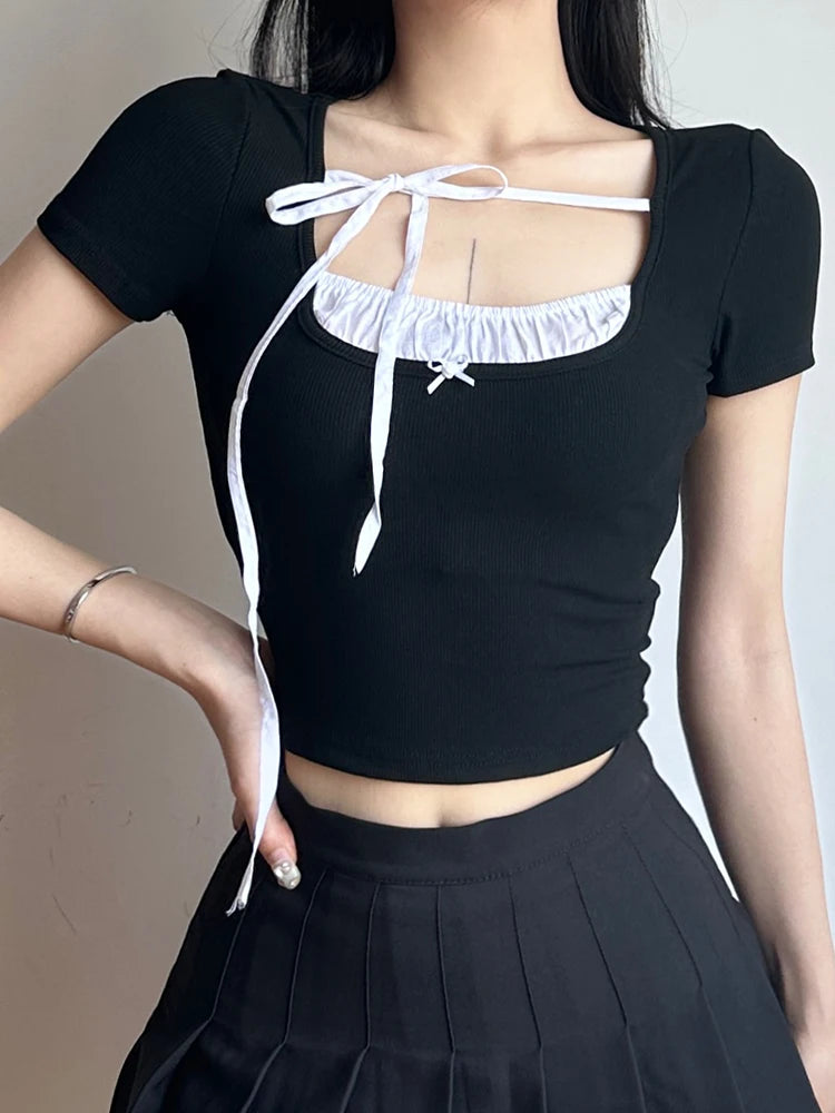 Voguable Contrast Stitching T-Shirt for Women Sweet Casual Short-Sleeved Square Collar Slim Shirts Korean Sexy Coquette Crop Top voguable