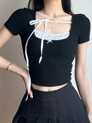 Voguable Contrast Stitching T-Shirt for Women Sweet Casual Short-Sleeved Square Collar Slim Shirts Korean Sexy Coquette Crop Top voguable