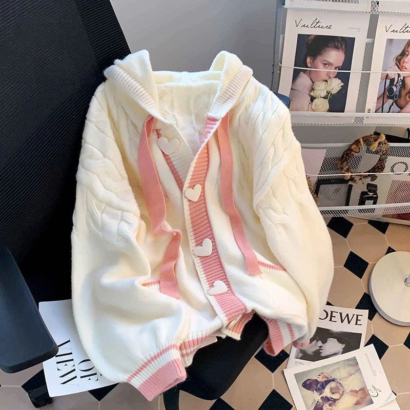 Cute Sweet Cardigan Sweaters Women Lazy Wind White Knitted Coats Long Sleeve Loose Female Japan Kawaii Elegant Hooded Tops voguable