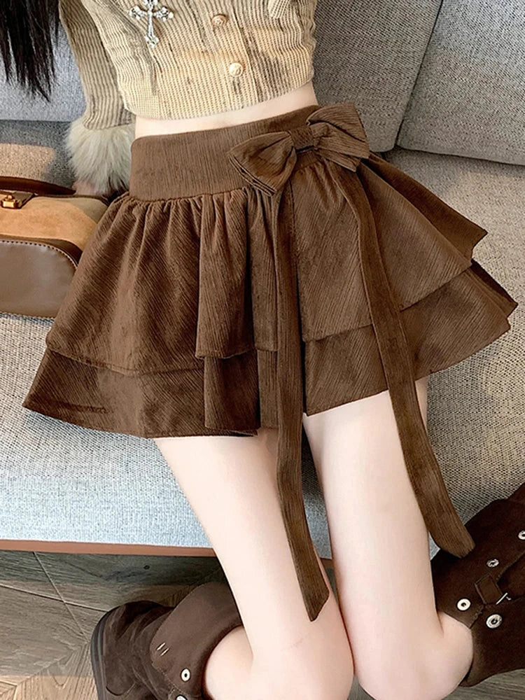 Sweet Bow Cake Skirts Women Vintage Slim High Waist Sexy Mini A Line Skirt Korean Preppy Style Fall Winter Dance Skirt New voguable