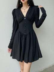 V-Neck Long Sleeve Pleated Party Dress mysite