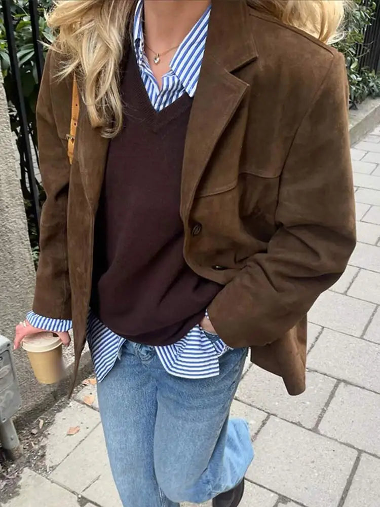 Fashion Brown Lapel With Pocket Jacket Woman Casual Single Breasted Long Sleeve Short Coat 2024 Lady Autumn High Street Outwear voguable