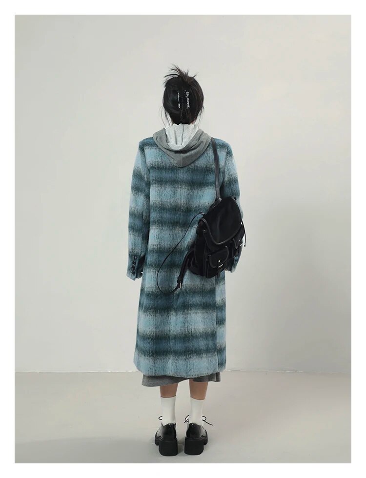 Autumn Winter Long Warm Colorful Blue Plaid Woolen Coats for Women Shoulder Pads Double Breasted Korean Fashion voguable