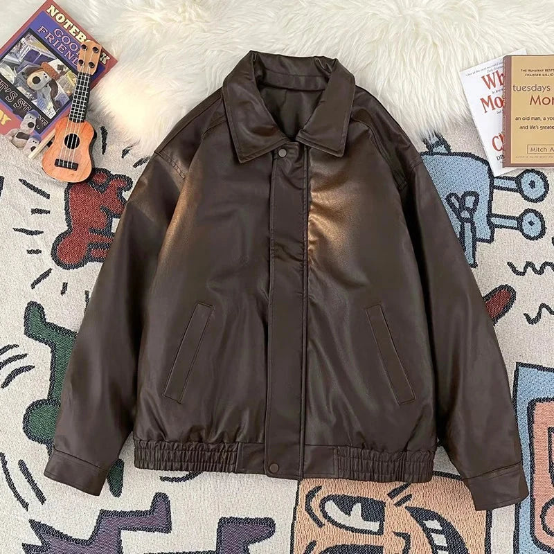 American Pu Leather Jackets Women Y2K Fashion Streetwear Zipper Moto Coats Bf Loose Lapel All-Match Punk Bomber Outerwear New voguable